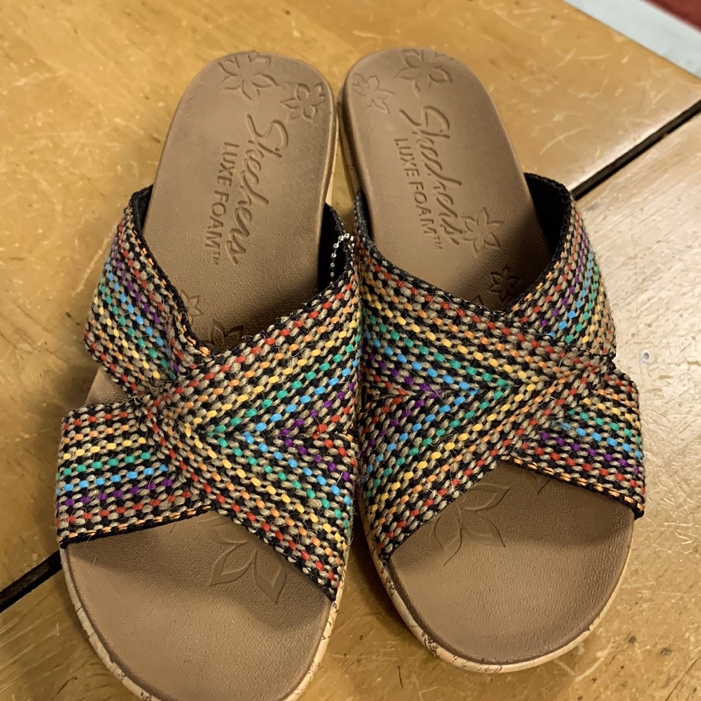 Skechers Luxe Foam Slide, multi colored, tan cork sole.  Brand new. Size 6